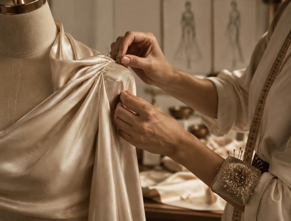 Hands pinning silk on a dress form in the atelier