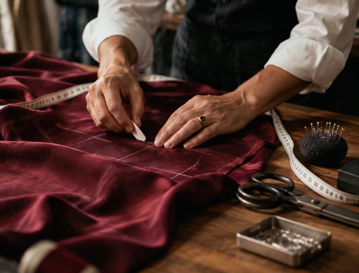 Chalk lines on burgundy silk